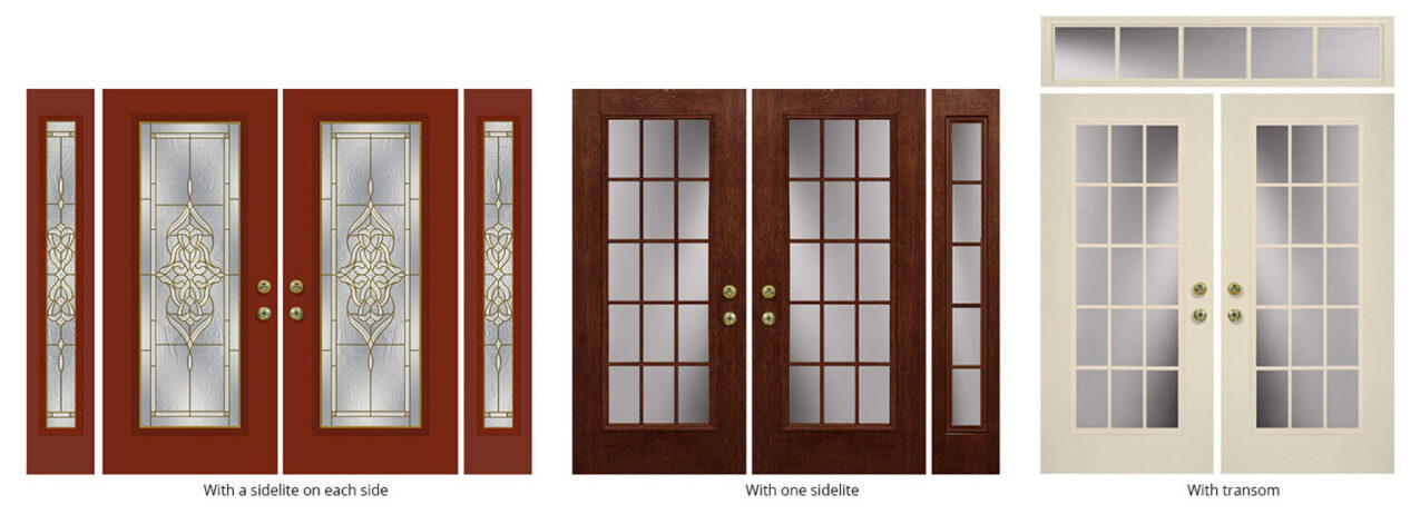 {Three images showing ProVia patio door image options—patio door with a sidelite on each side; patio door with one sidelite, or patio door with transome.}