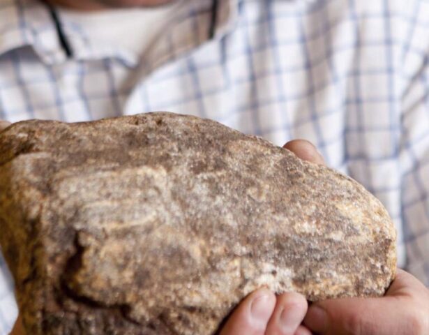 {Man holding a stone representing hand selection of stone veneer molding during stone veneer manufacturing process}
