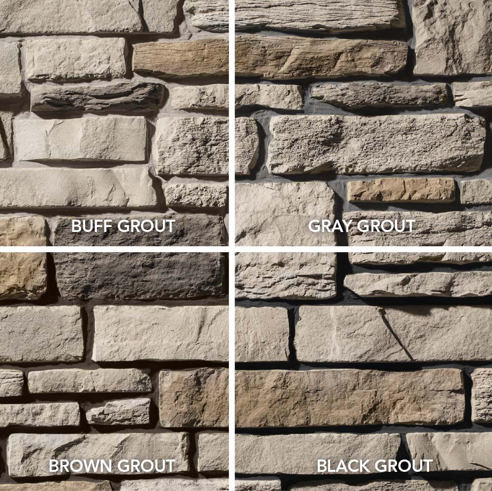 Image showing four ProVia manufactured stone colors with different grout colors for comparison, including buff grout, gray grout, brown grout, and black grout