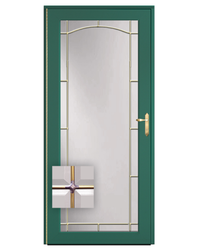{Isolated image of a ProVia Full View Storm Door with Archway Beveled Glass and Brass Inlay}