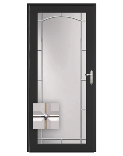{Isolated image of a ProVia 591-Z Full View Storm Door with Archway Beveled Glass and Zinc Inlay}