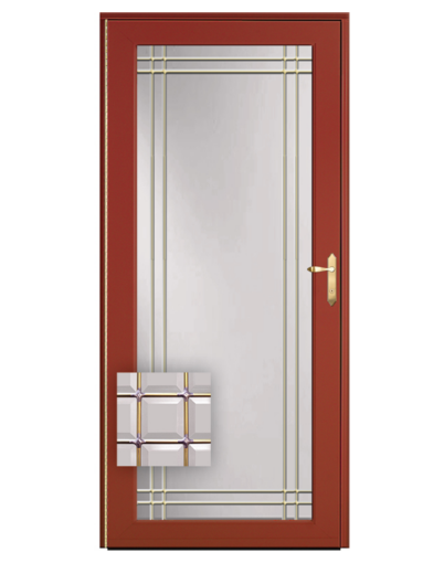 {Isolated image of a ProVia 595-B Full View Storm Door with Double Prairie Beveled Glass and Brass Inlay}