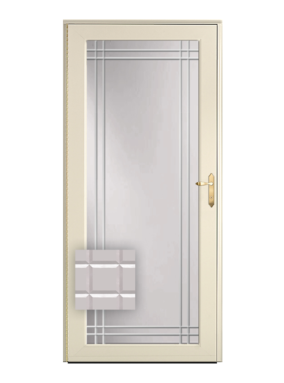 Isolated image of a ProVia Full View Storm Door with Double Prairie Beveled Glass