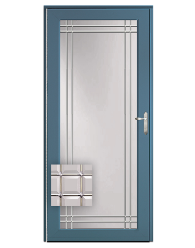 {Isolated image of a ProVia Full View Storm Door with Double Prairie Beveled Glass and Zinc Inlay}