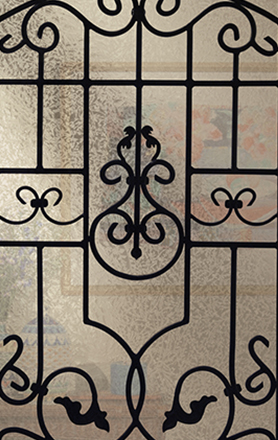 {Closeup of ProVia Barcelona wrought iron glass design for entry doors}
