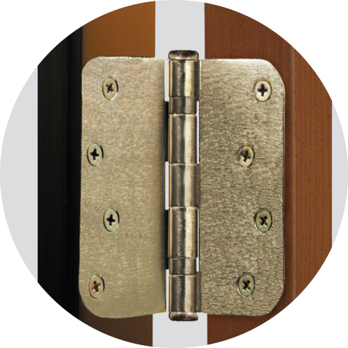 Detailed photograph of hinges on a ProVia pre-hung exterior door