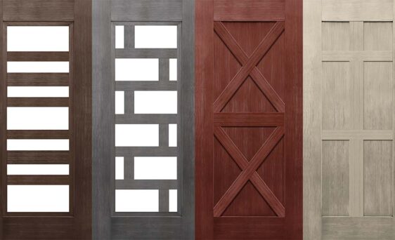 {Four new Signet doors feature Simulated Divided Panel fiberglass door designs}