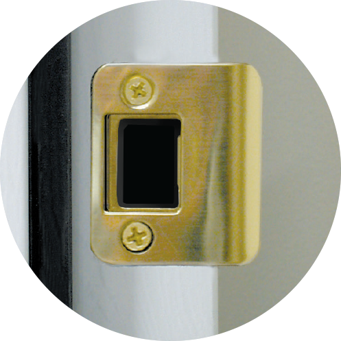 Detailed photograph of a strike plate on a ProVia pre-hung exterior door