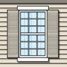 {Illustration of white double hung window with Colonial grids and shutters on a Cape Cod style house}