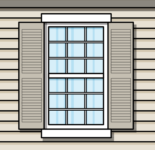 Illustration of white double hung window with Colonial grids and shutters on a Cape Cod style house