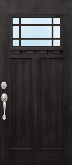 Closeup image of a craftsman style entry door with dentil shelf and clear glass with grids