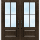 Illustration of rich woodgrain fiberglass French entry doors, example of farmhouse front doors
