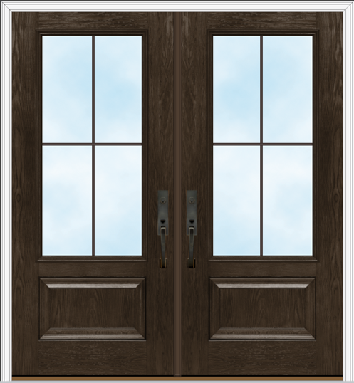 Illustration of rich woodgrain fiberglass French entry doors, example of farmhouse front doors