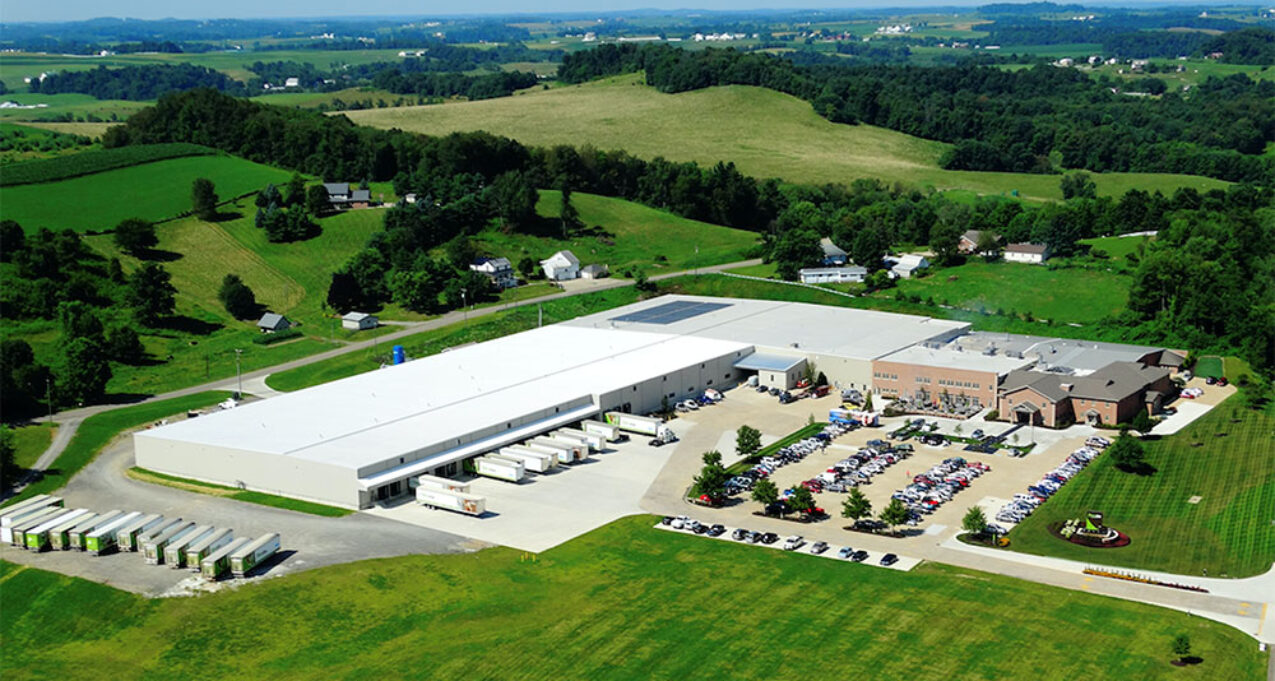 {Aerial Shot of ProVia Building with Ohio's scenic Amish Country in the background}