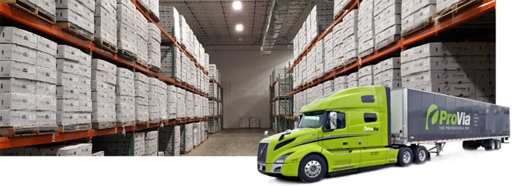 ProVia Manufactured Stone in boxes on shelves with a ProVia Semi Truck in the foreground