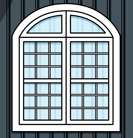 Illustration of a set of double eyebrow windows with Colonial grids that represents characteristics of Tudor window styles.