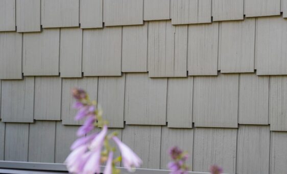 {Closeup of ProVia Harbor Mill Staggered Shingle siding on a home with purple flowers in front of it}