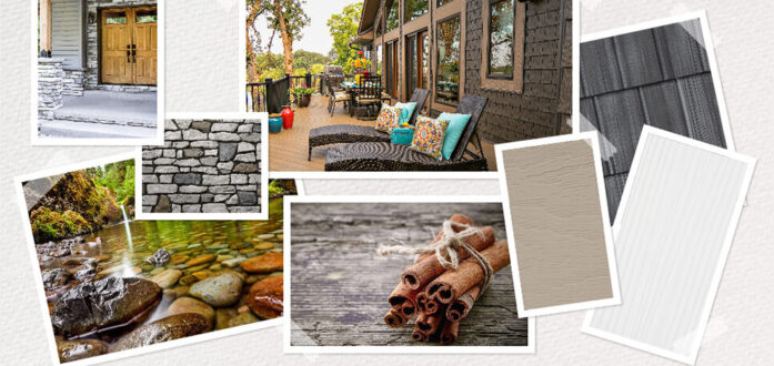 {Vision board created in ProVia's Design Center showing a rustic home exterior color palette}