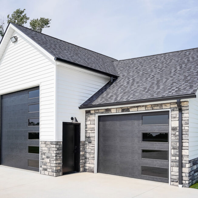 {ProVia CedarMAX® Double 6" insulated White vinyl siding with Terra Cut® Manufactured Stone in Flintridge}