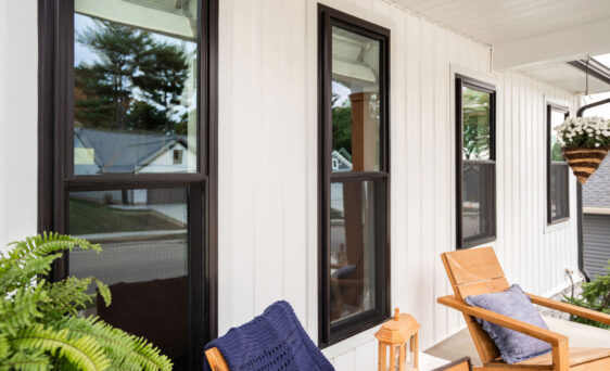 {ProVia Endure™ Double Hung Windows in Coal Black on Front Porch, example of all-black windows}