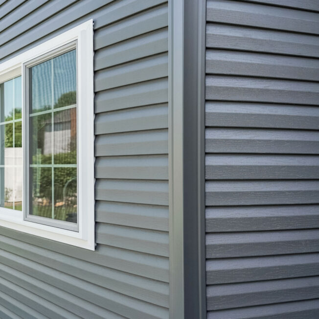 {HeartTech® Double 4" Dutch Lap dark blue gray vinyl siding in Sea Slate}
