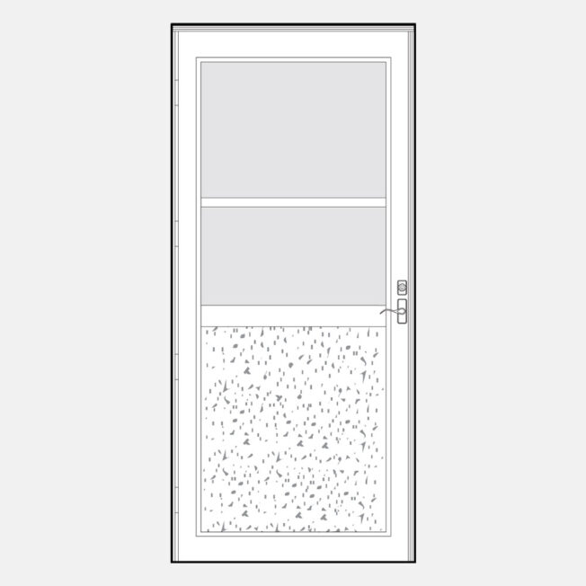 {Line art of a ProVia Deluxe 079 storm door style}