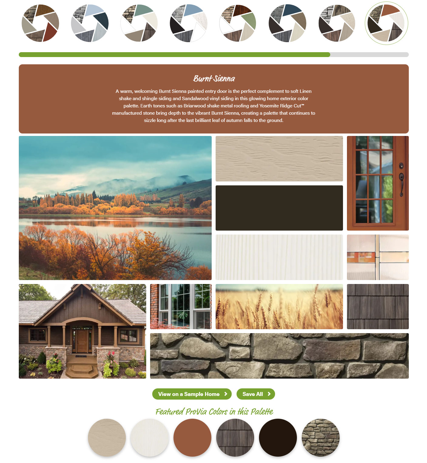 An example of a warm home exterior color palette on the Color Palettes page at provia.com
