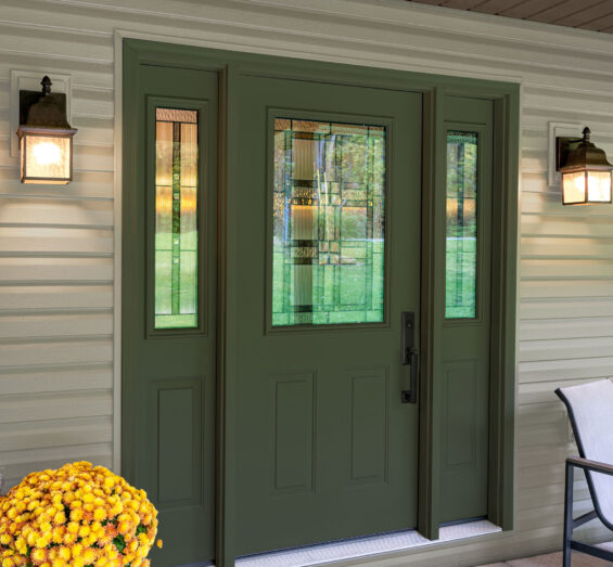 {Legacy™ 430 Entry Door in Evergreen with Laurence Decorative Glass}