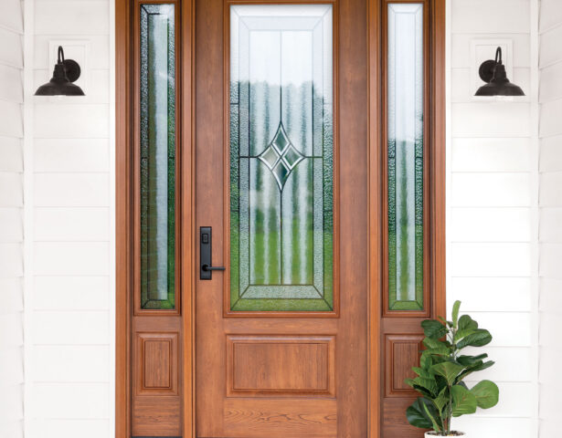 {Exterior view of a ProVia Signet® Cherry 440 front door in American Cherry with Aria decorative front door glass}