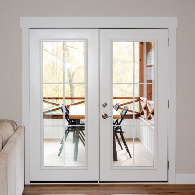 Internal view of ProVia® Legacy™ Steel 460 French Doors in Snow Mist with Internal Grids