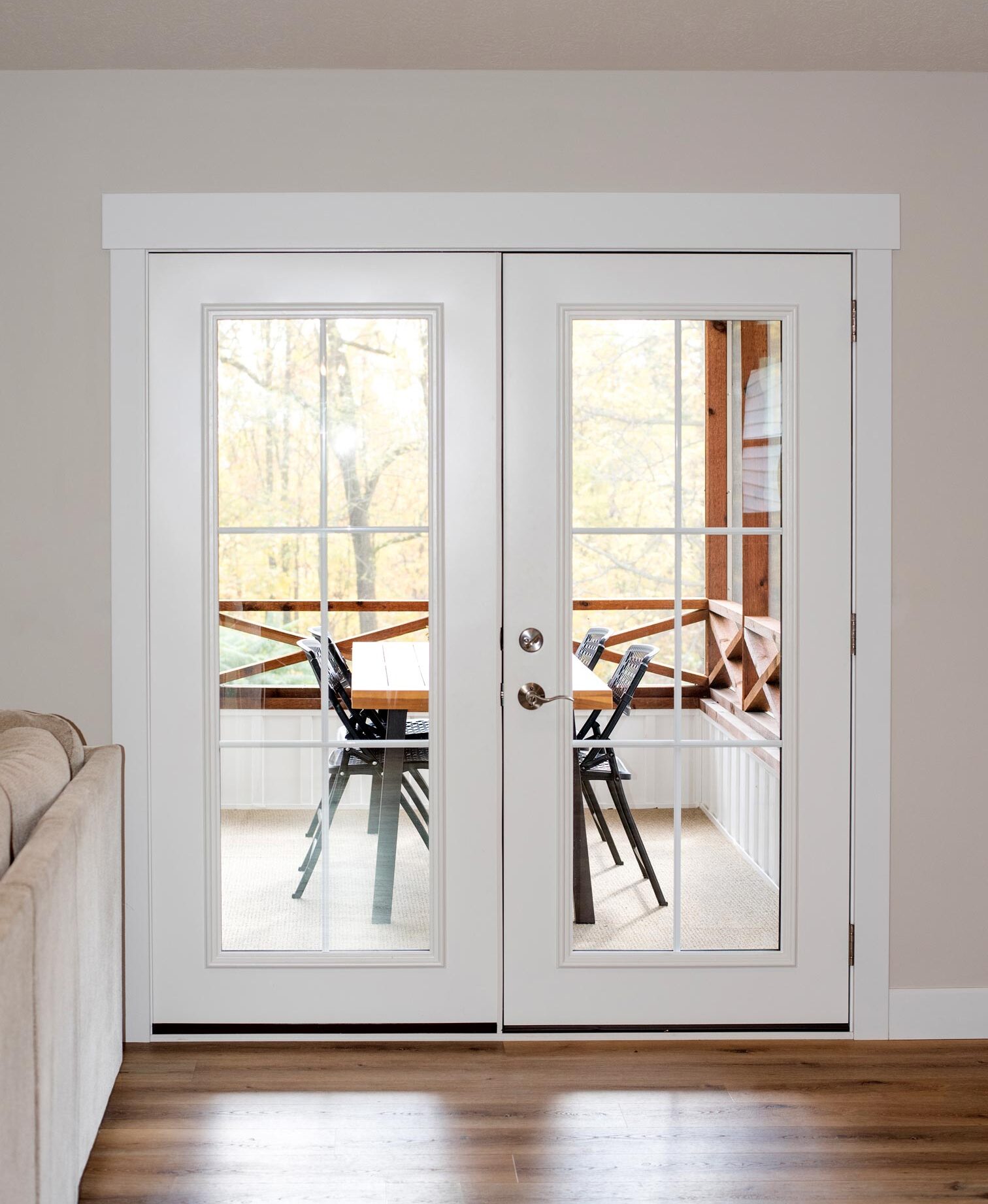 Legacy™ Steel 460 French Doors in Snow Mist with Internal Grids