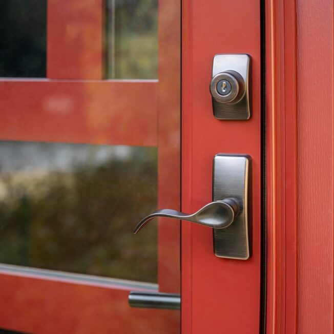 Contemporary Curve Storm Door Hardware in Antique Brass on a ProVia® red storm door