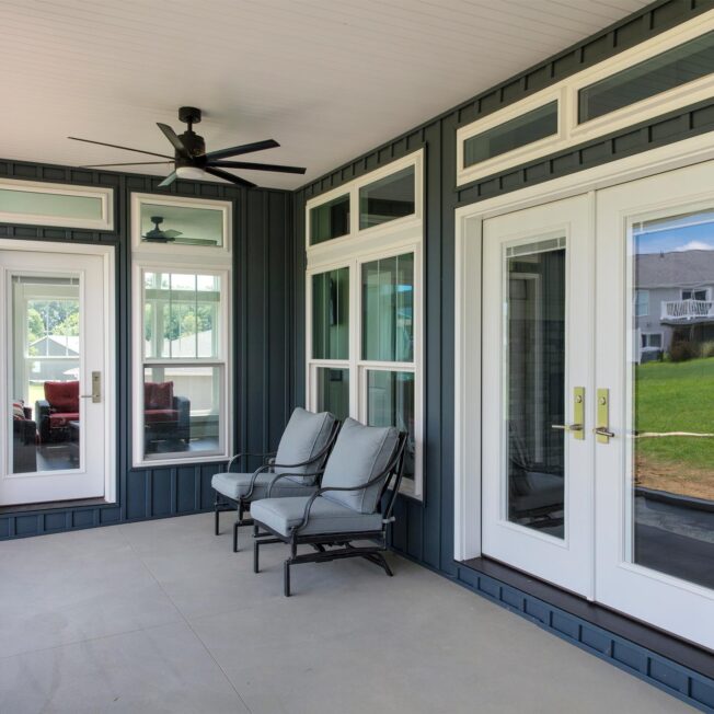 ProVia® Legacy™ Steel 460 French Doors in Snow Mist with white Internal Blinds