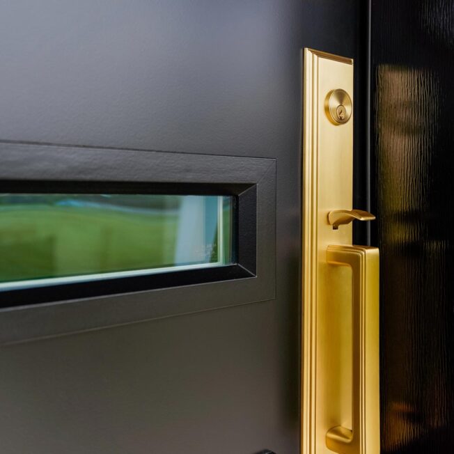 Emtek® Melrose Entry Door Hardware in Satin Brass on a modern ProVia® entry door
