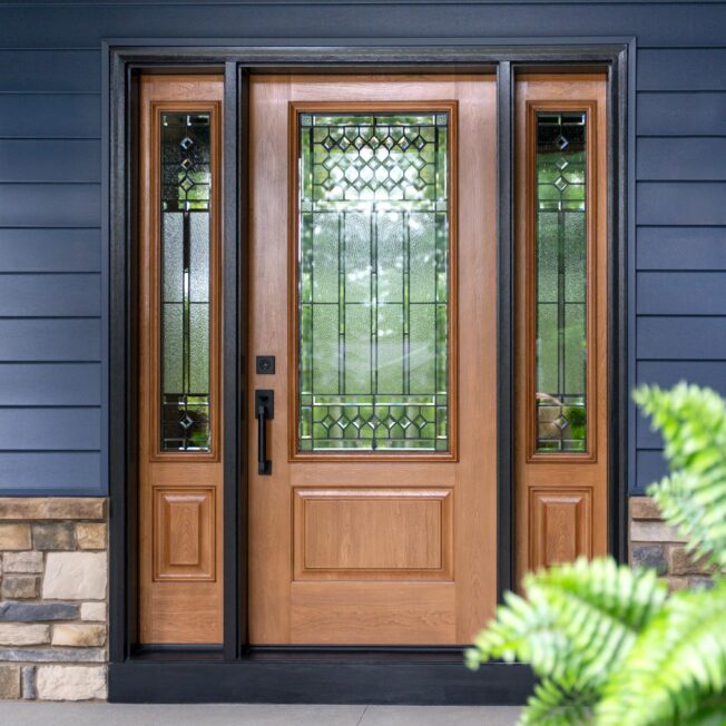 ProVia® Signet® Cherry 440-1P stained entry door in Cider with Carrington Decorative Glass