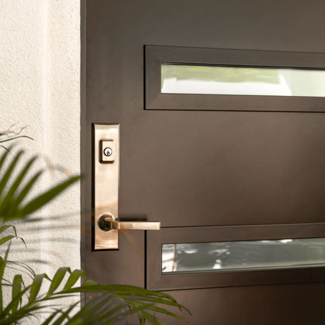 Closeup of Trilennium® Westcott Entry Door Hardware in Satin Nickel on a ProVia® entry door