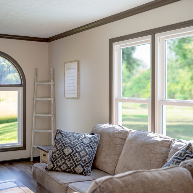Inside view of ProVia® Endure™ Double Hung Windows in White in a living room