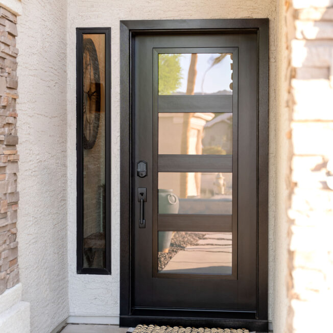 ProVia® Signet® Smooth 460-T5-4L entry door in Coal Black with Frosted Privacy Glass