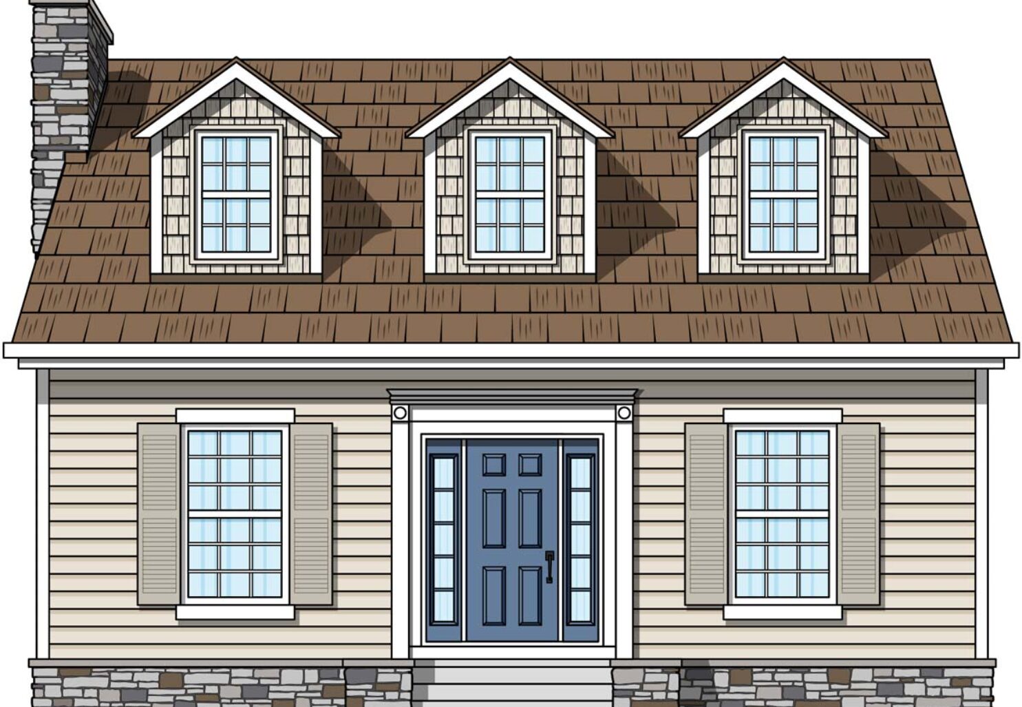 Illustration of a Cape Cod style house with Antique White siding, beige shutters, and a Cape Cod style front door & sidelites in Geneva Blue.