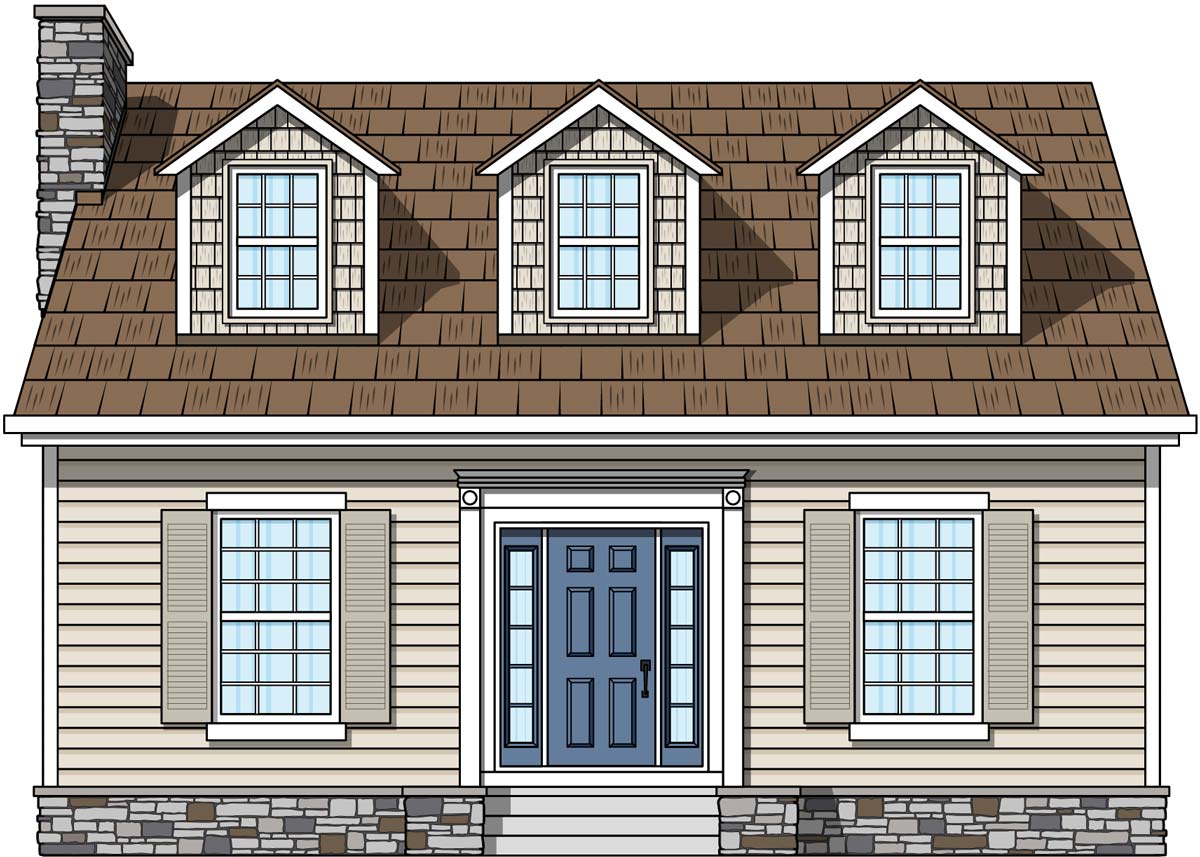Illustration of a Cape Cod style house with Antique White siding, beige shutters, and a Cape Cod style front door & sidelites in Geneva Blue.