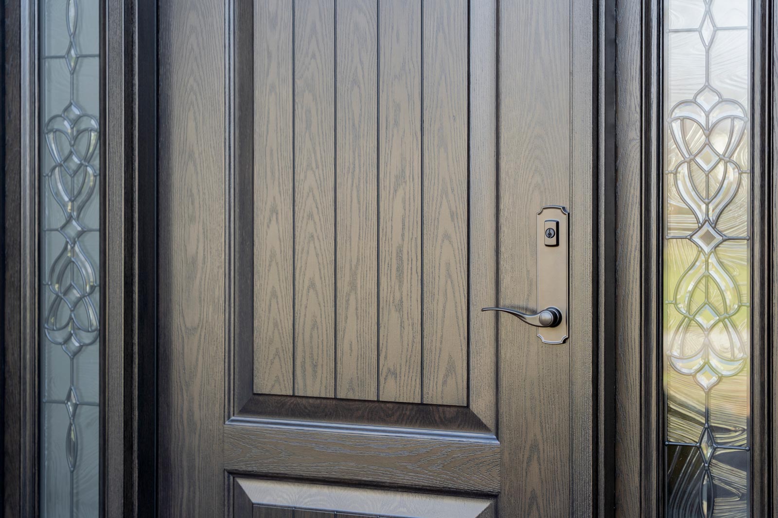 Ascent™ White Oak 002CP-449 Entry Door and Sidelites in Espresso with Symphony Decorative Glass