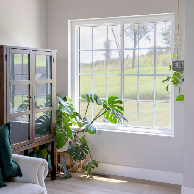 Interior view of a ProVia® Endure™ 2-Lite Slider Window in White with Cottage Grids