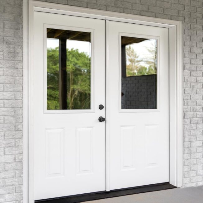 Exterior view of a set of ProVia® Legacy™ Smooth 430-2P French Doors in Snow Mist white