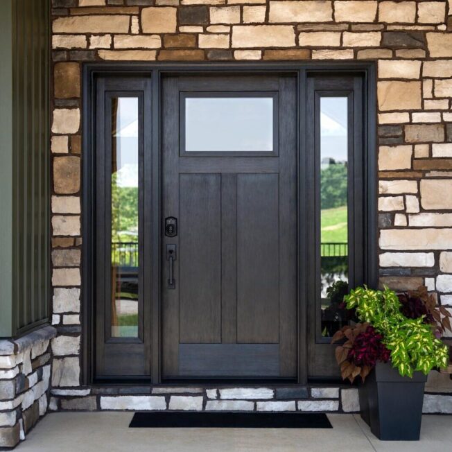 Exterior view of a ProVia® Signet® Fir 420 Entry Door with 160 Sidelite in Ebony stain