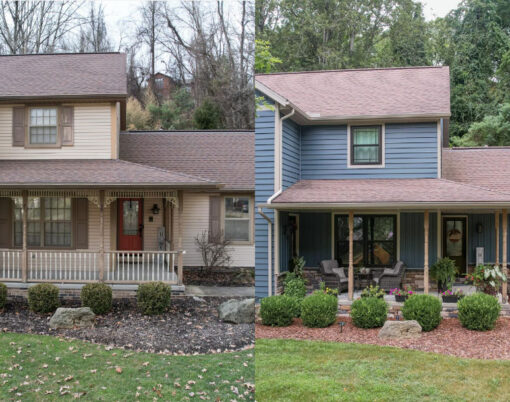 Image of a cream-colored two-story home before getting new dark blue Sea Slate ProVia® vinyl siding and board and batten; manufactured stone; and dark brown Rustic Bronze double-hung windows.