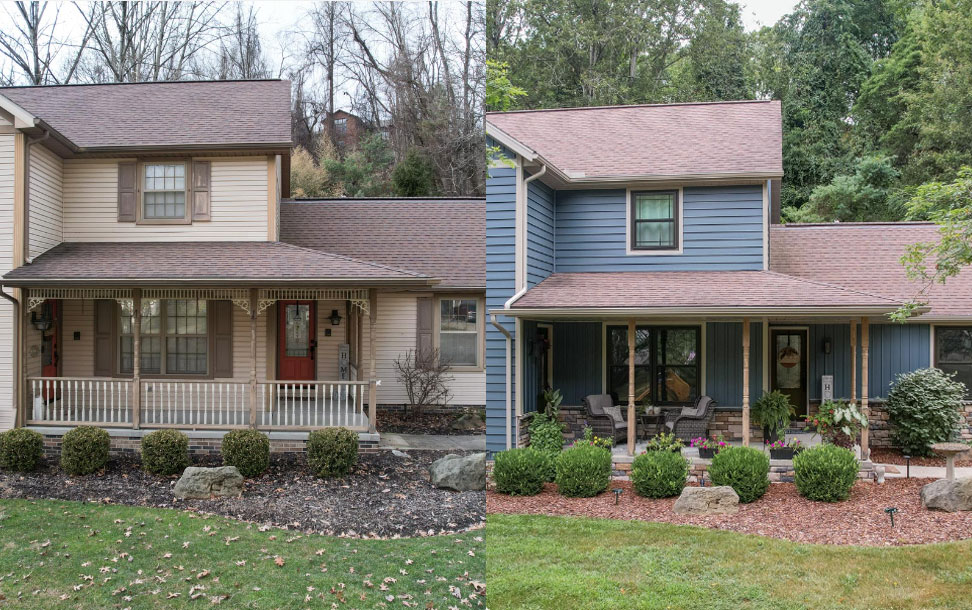 Image of a cream-colored two-story home before getting new dark blue Sea Slate ProVia® vinyl siding and board and batten; manufactured stone; and dark brown Rustic Bronze double-hung windows.