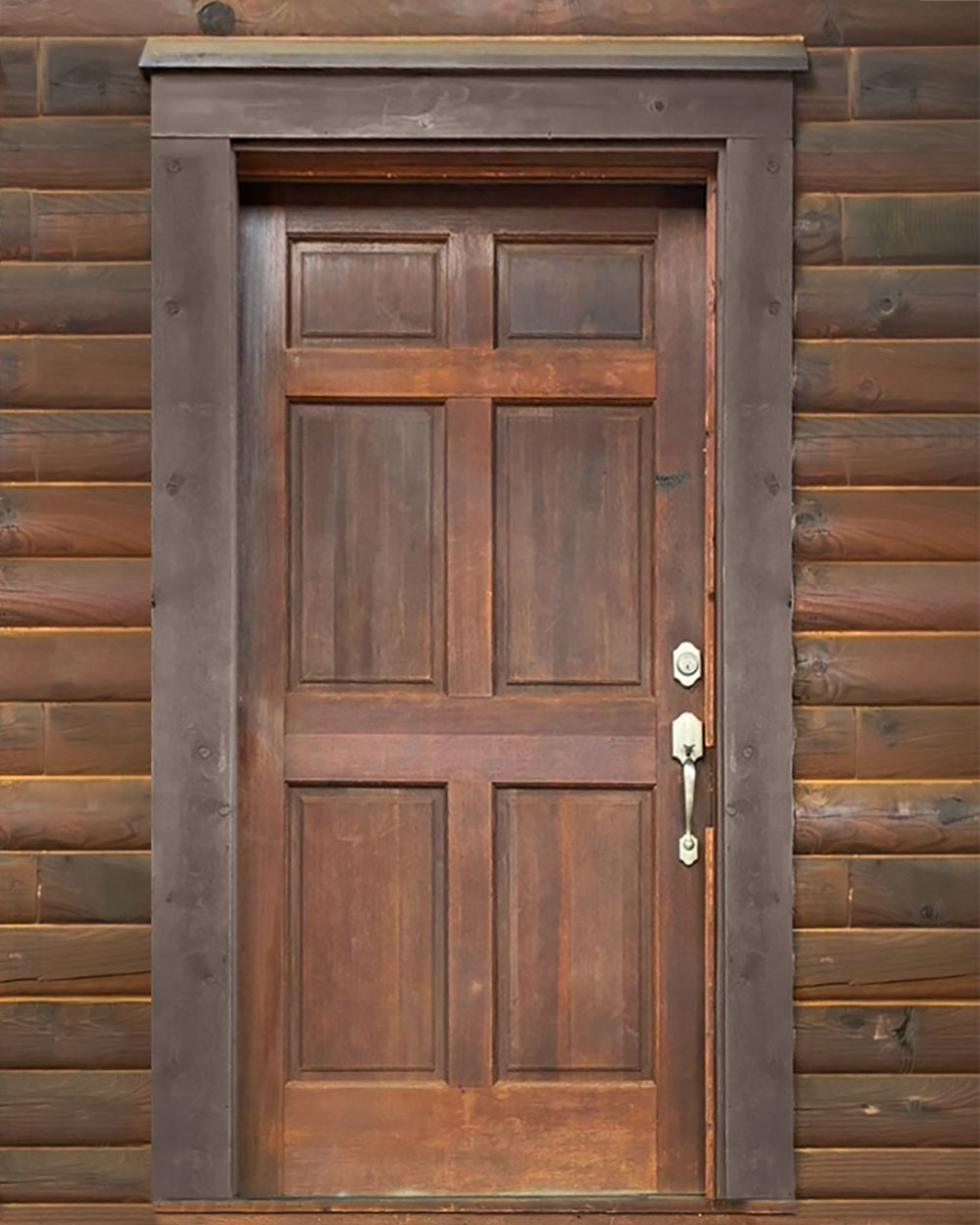 Exterior view of an older wooden door on a log home before it got replaced with a new door