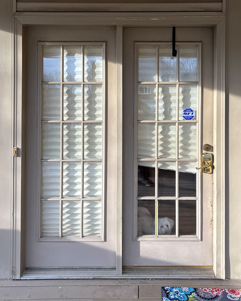 Exterior view of a weathered looking set of patio doors before getting new hinged patio doors