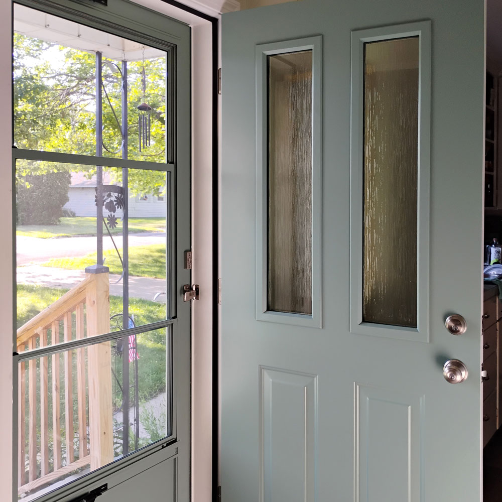 Shawn H. | Hastings, MI | Deluxe™ 389 Storm Door and Legacy™ Smooth 230 Entry Door in Eucalyptus with Waterfall Privacy Glass