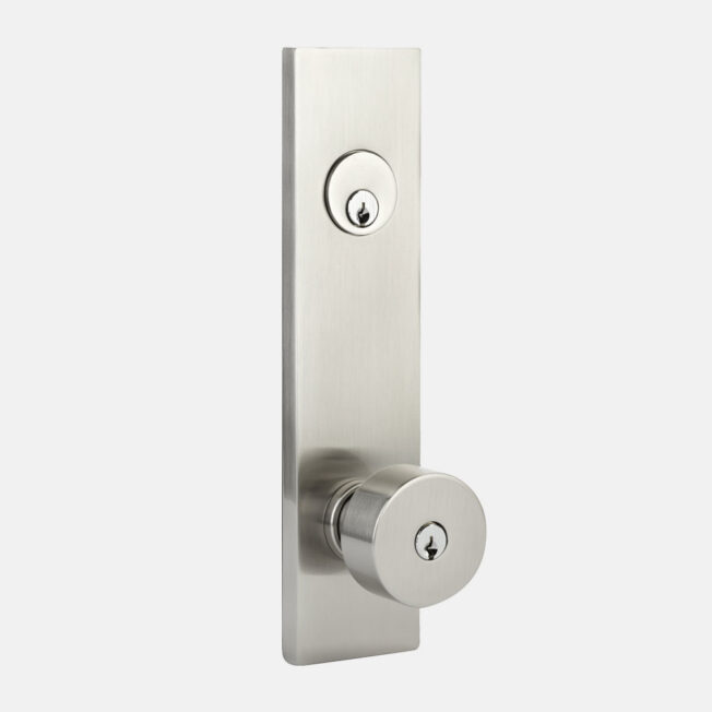 Isolated image of Emtek® Modern Rectangular entry door hardware with round knob in Satin Nickel